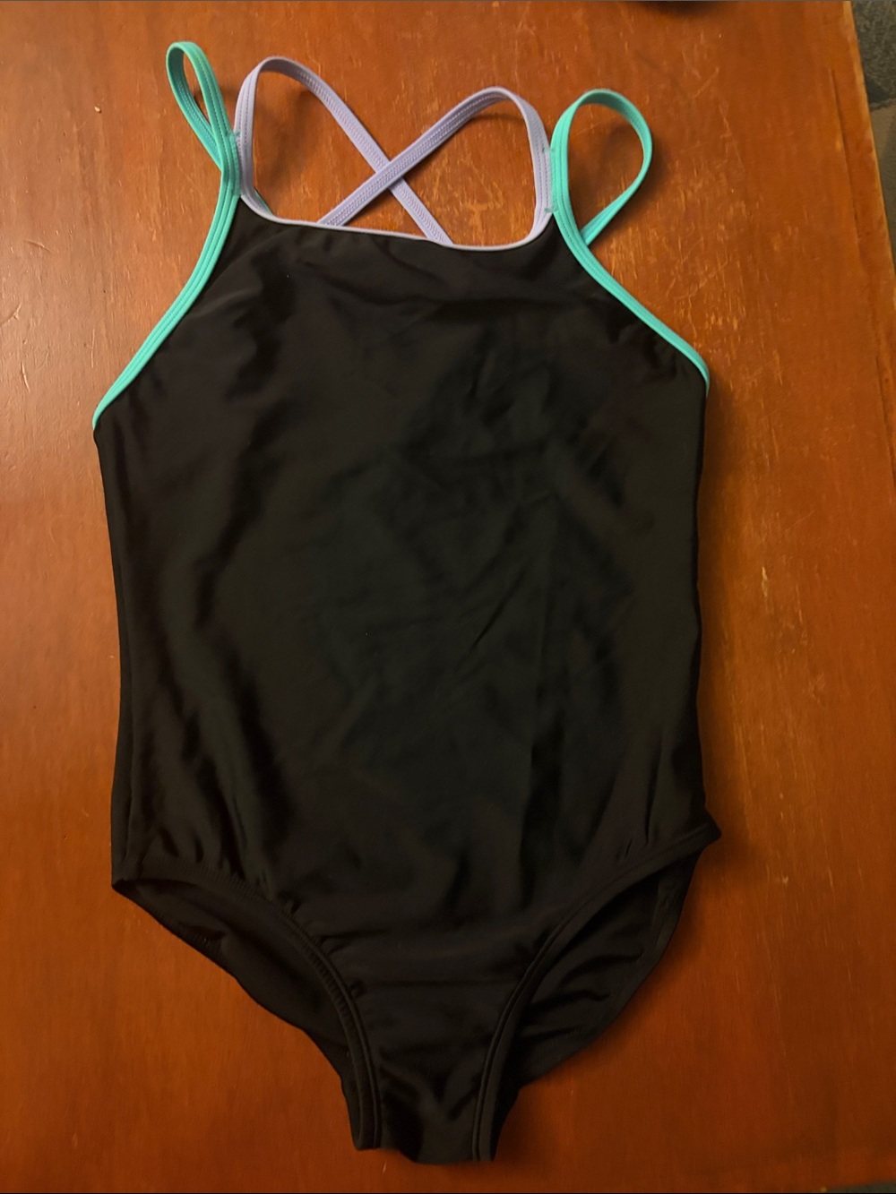 Black Speedo One-Piece Swimsuit with Mint & Lilac Straps Size 10 EUC